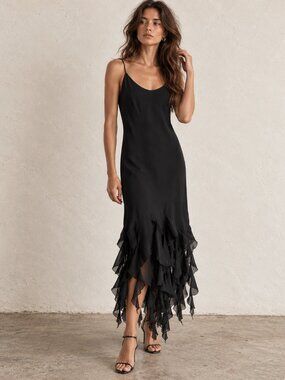 Vintage Black Maxi Slip Dress with Ruffle Hem - s/m